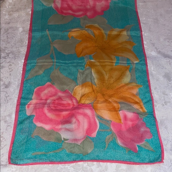 Accessories - Vintage Floral Scarf with Pink and Orange Flowers